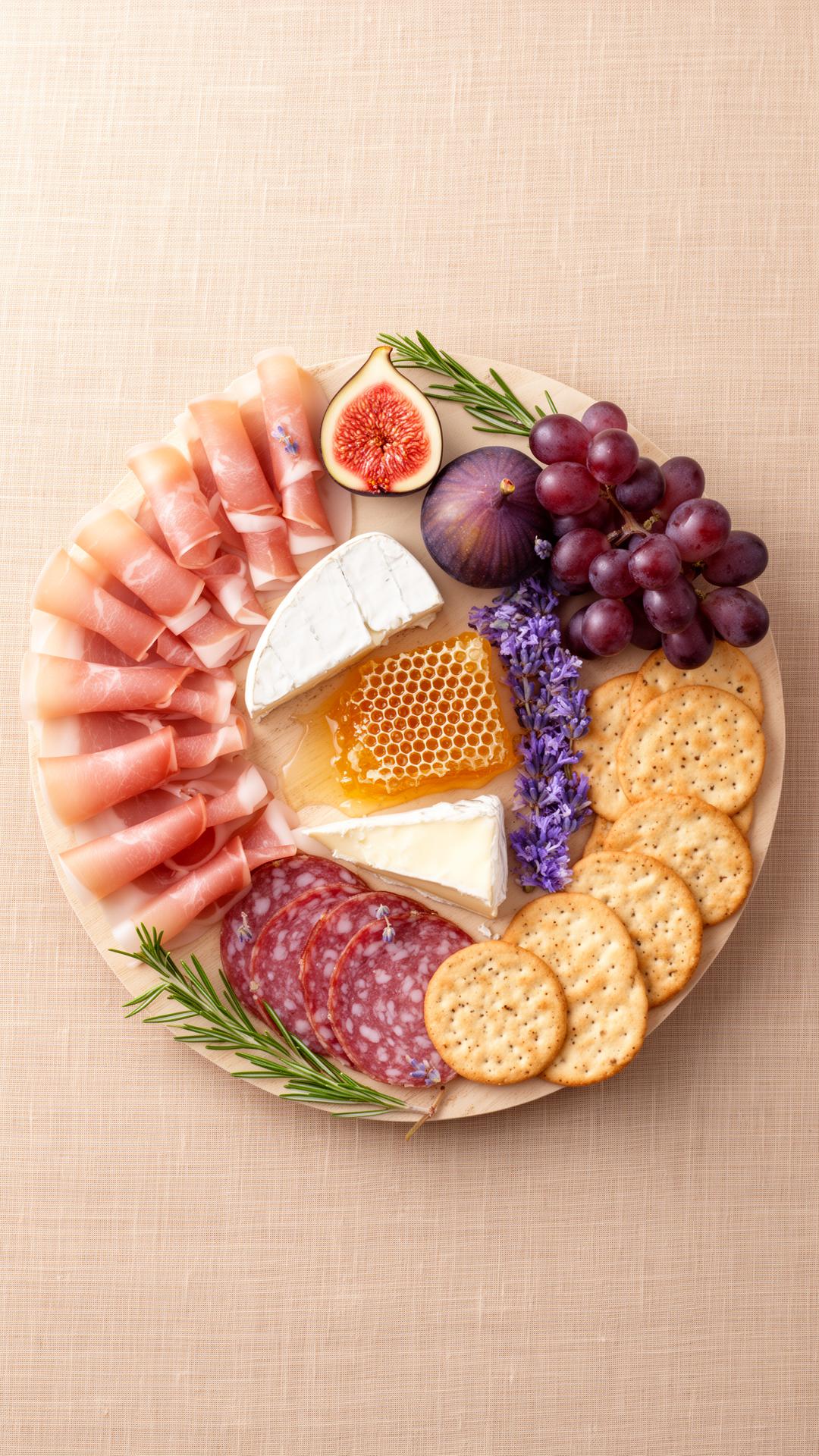 A beautifully styled charcuterie board with cured meats, brie, figs, grapes, honeycomb, lavender and crackers on warm beige linen.